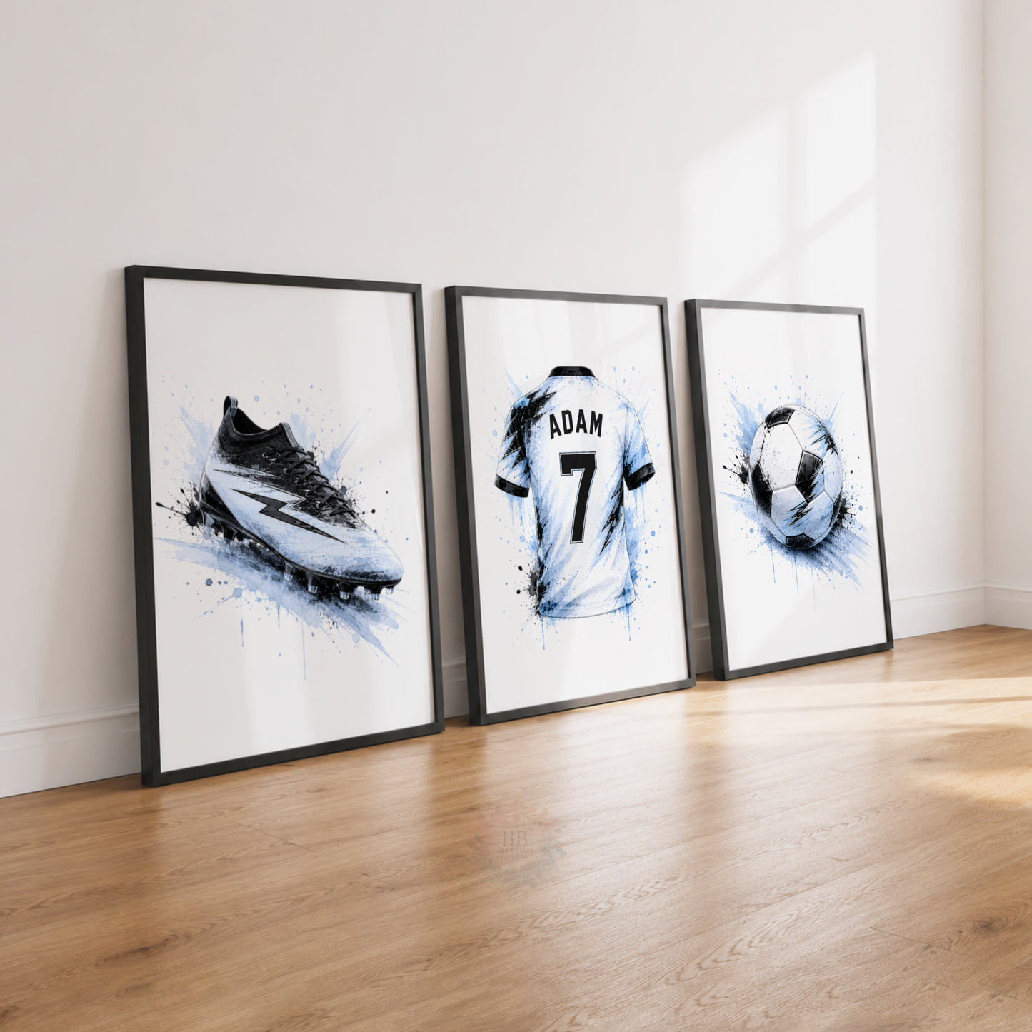 Personalised Blue Football Wall Art Set – Football Boot, Shirt & Ball Prints