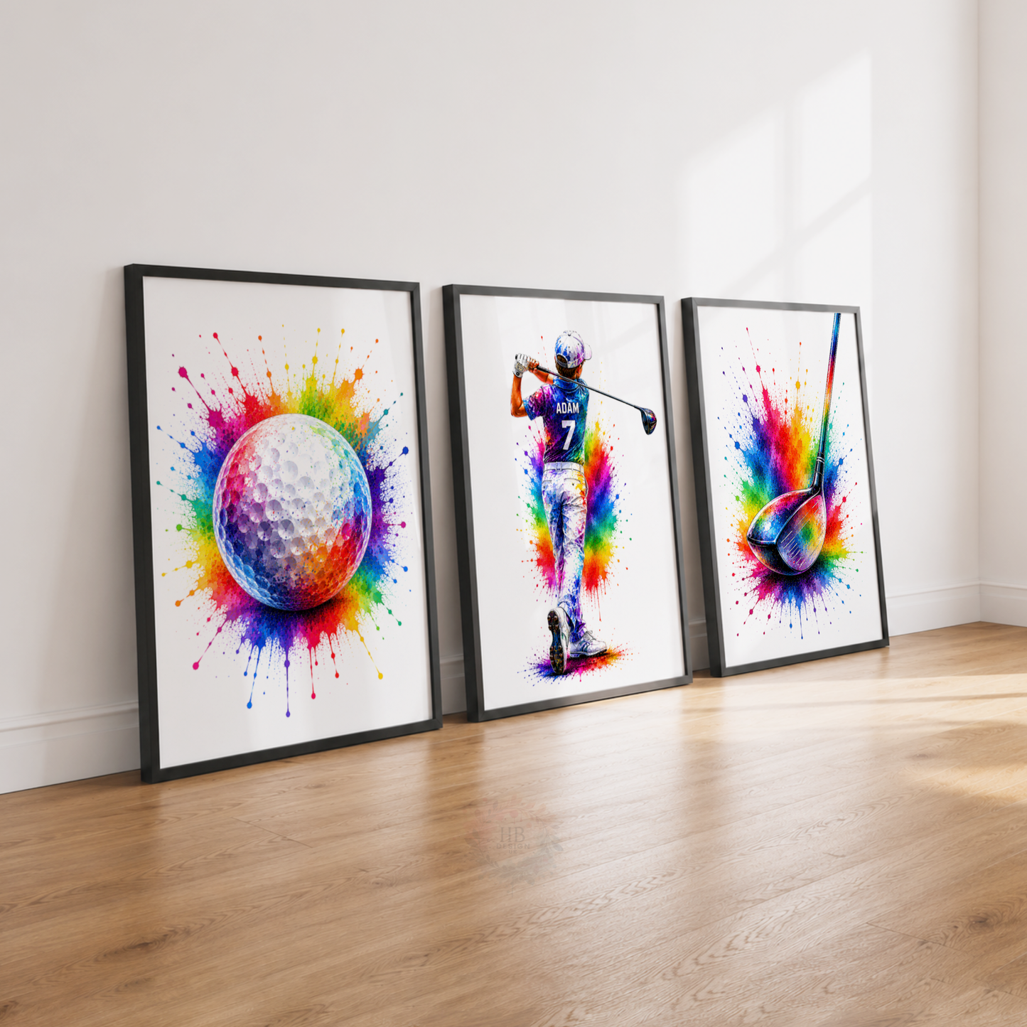 Personalised Golf Wall Art Print Set – Custom Name & Number