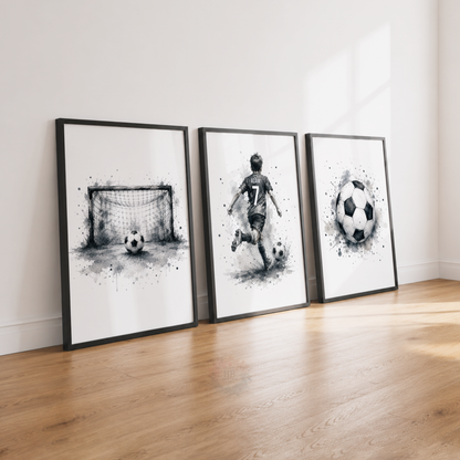 Personalised Black & White Football Wall Art Set – Football Player, Goal & Ball Prints