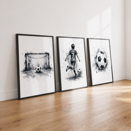 Personalised Black & White Football Wall Art Set – Football Player, Goal & Ball Prints