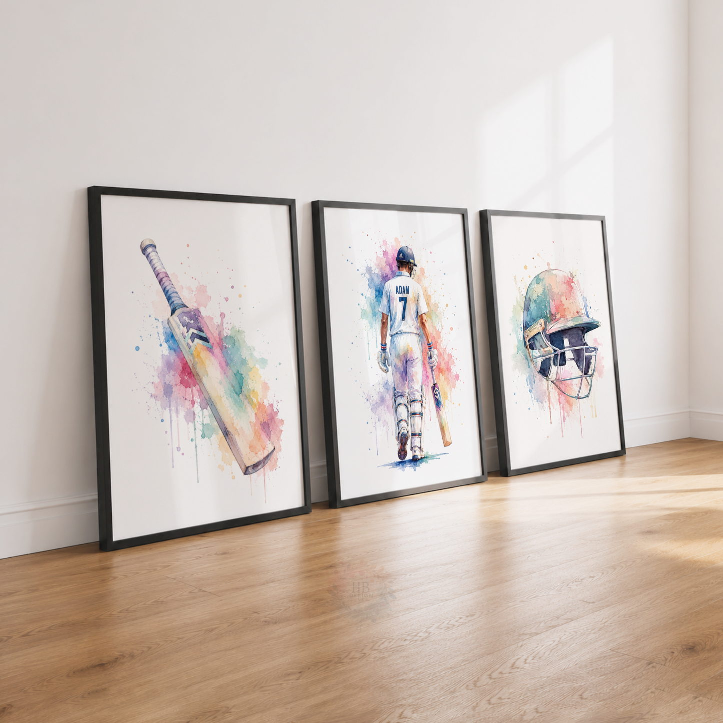 Personalised Cricket Wall Art Prints – Set of 3 Watercolour Bat, Player & Helmet Prints