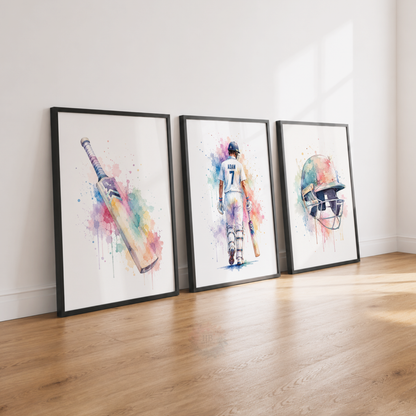 Personalised Cricket Wall Art Prints – Set of 3 Watercolour Bat, Player & Helmet Prints