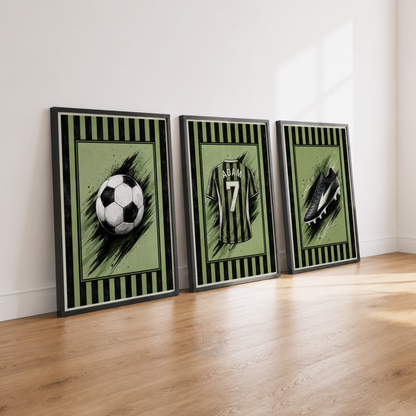 Personalised Green & Black Football Wall Art Set – Name & Number Prints