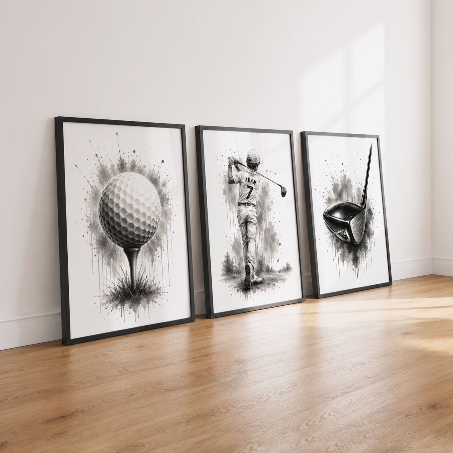 Personalised Golf Wall Art Print Set – Black & White Custom Name & Number