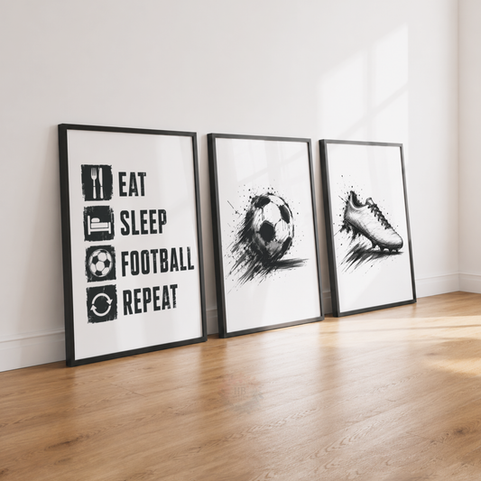 Eat Sleep Football Repeat Wall Art Set – Black & White Football Prints