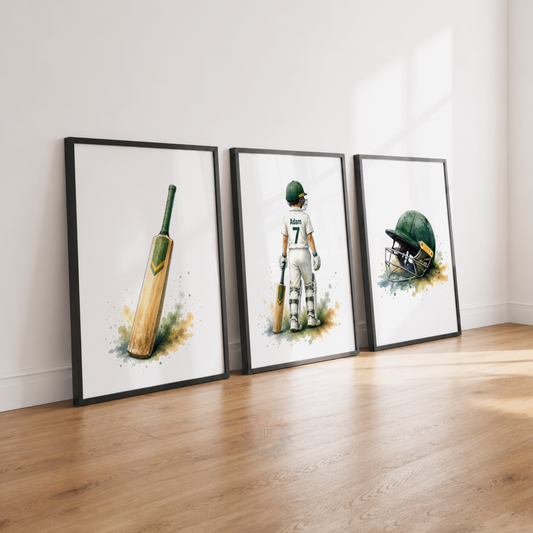 Personalised Cricket Prints – Set of 3 Green Watercolour Bat, Player & Helmet Wall Art