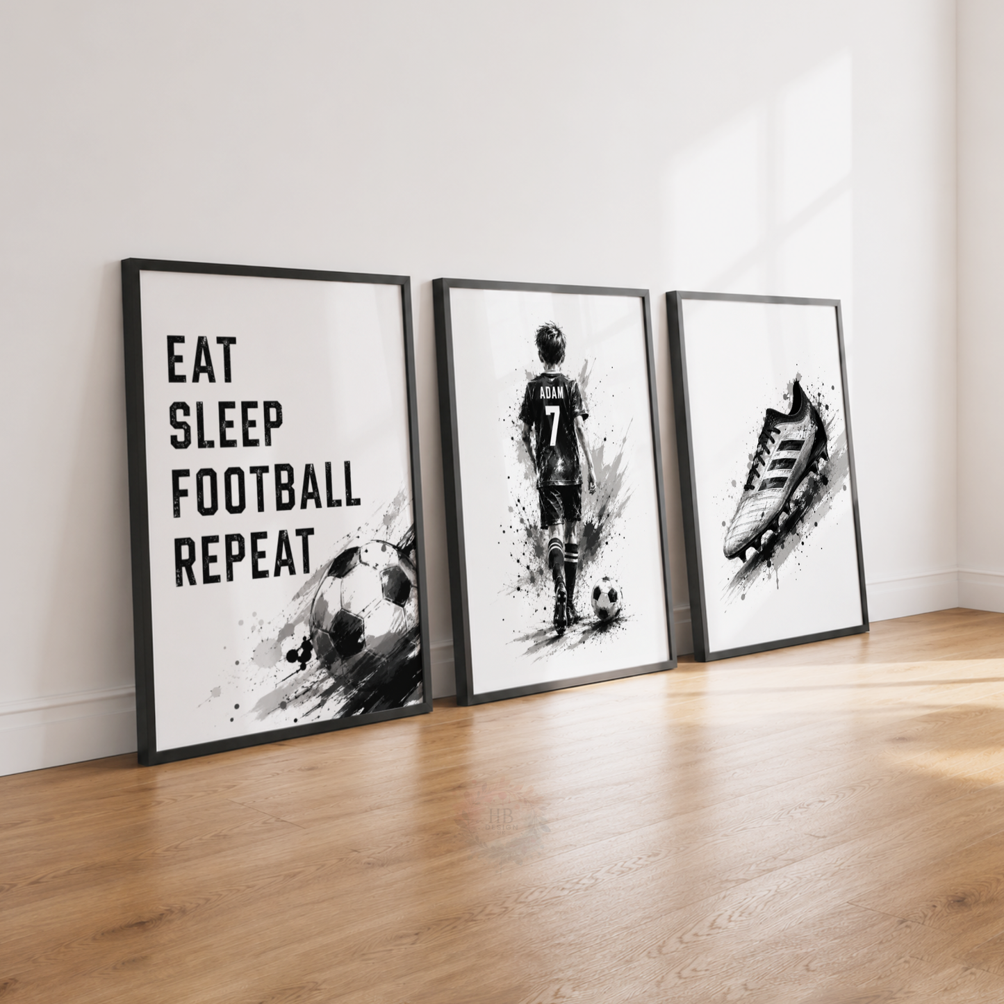 Personalised Eat Sleep Football Repeat Wall Art Set – Black & White Football Prints