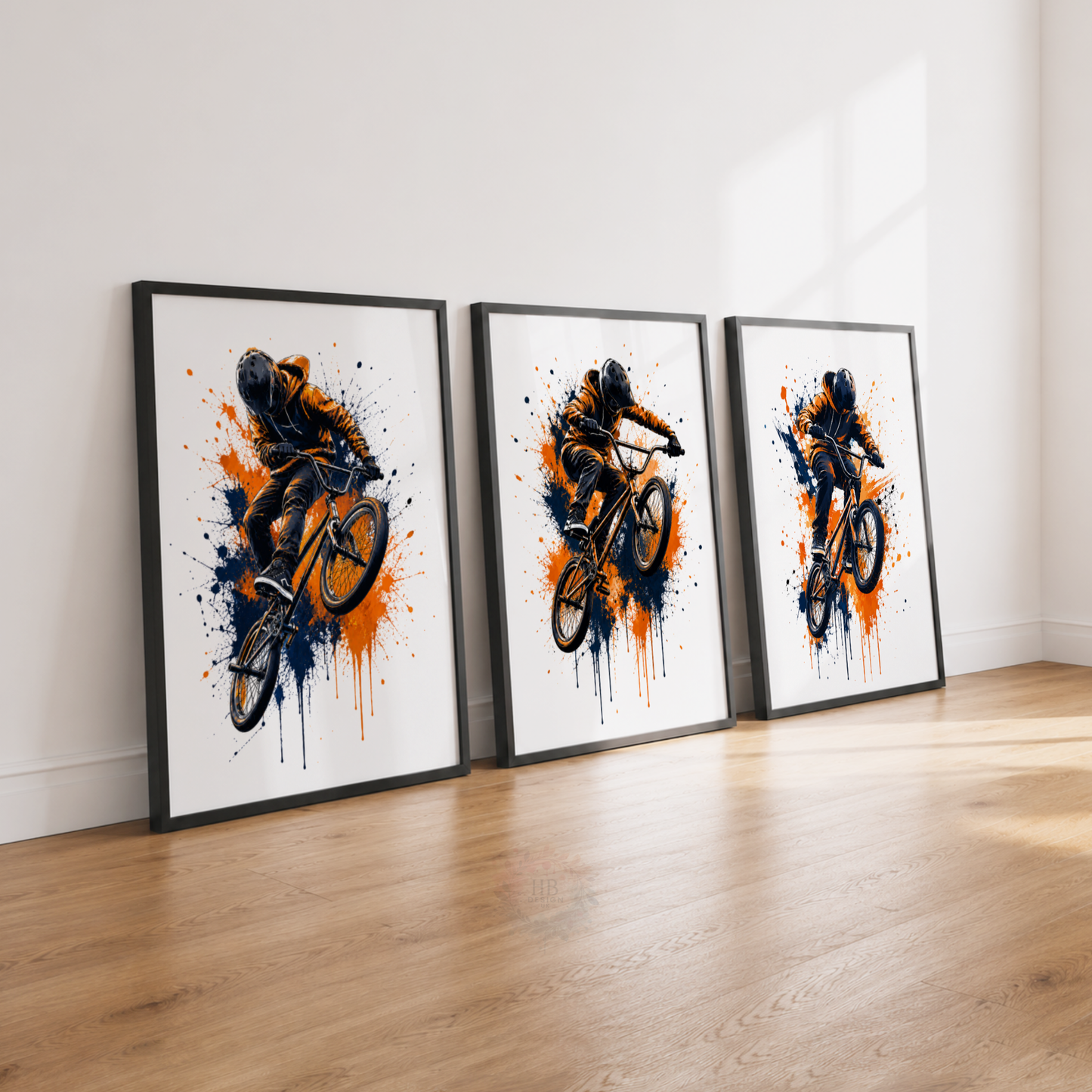 BMX Bike Wall Art Prints – Set of 3 Orange & Navy Freestyle Cycling Prints