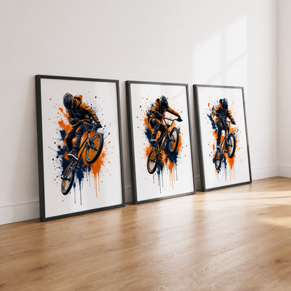 BMX Bike Wall Art Prints – Set of 3 Orange & Navy Freestyle Cycling Prints
