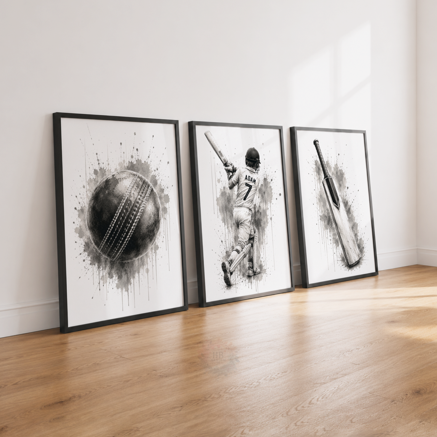 Personalised Cricket Wall Art Print Set – Black & White Custom Name & Number