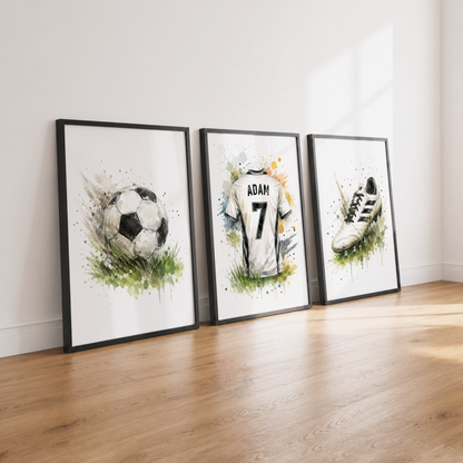 Personalised Football Wall Art Set – Green Watercolour Name & Number Prints