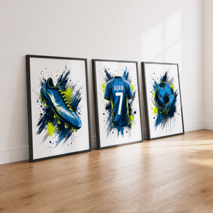 Personalised Blue Football Wall Art Set – Name & Number Football Prints