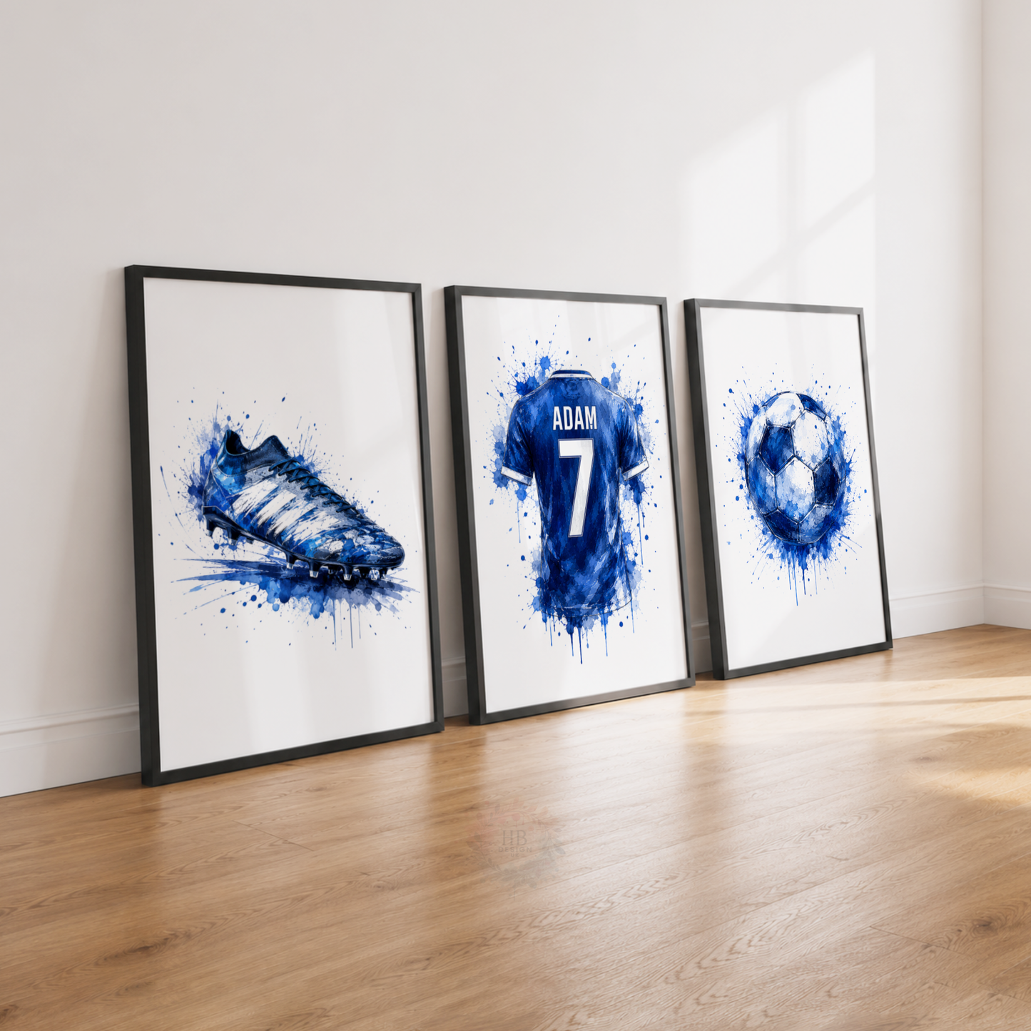 Personalised Blue Watercolour Football Wall Art Set – Name & Number Prints