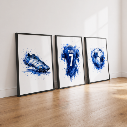 Personalised Blue Watercolour Football Wall Art Set – Name & Number Prints