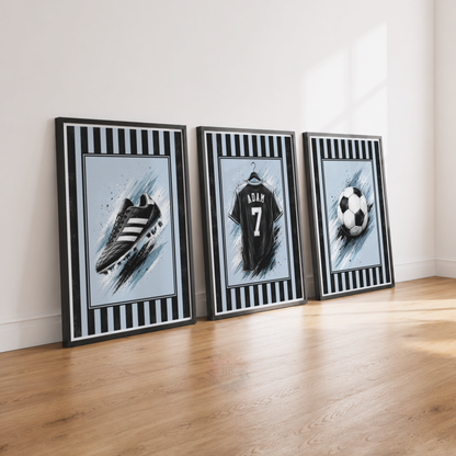 Personalised Blue & Black Football Wall Art Set – Name & Number Prints
