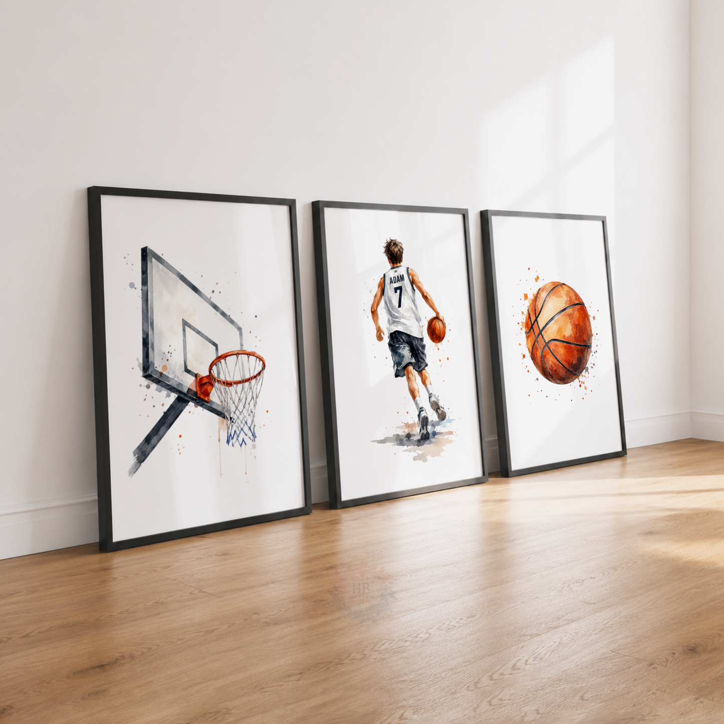 Personalised Basketball Wall Art Prints – Set of 3 Watercolour Player, Hoop & Ball Prints
