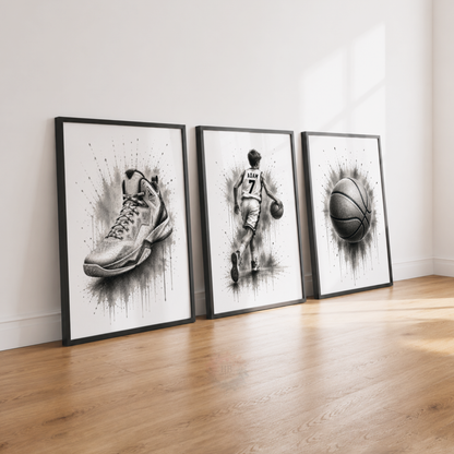 Personalised Basketball Wall Art Print Set – Black & White Custom Name & Number