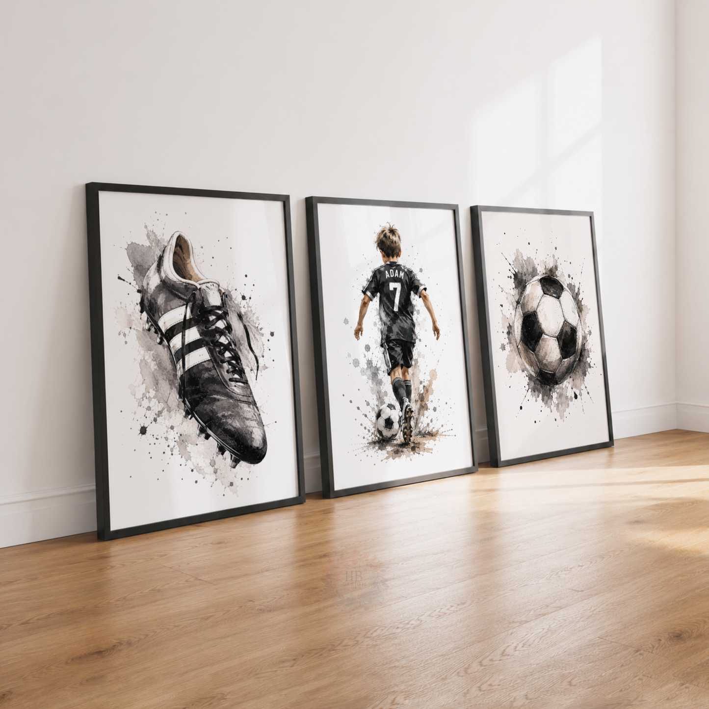 Personalised Black & White Football Wall Art Set – Name & Number Football Prints