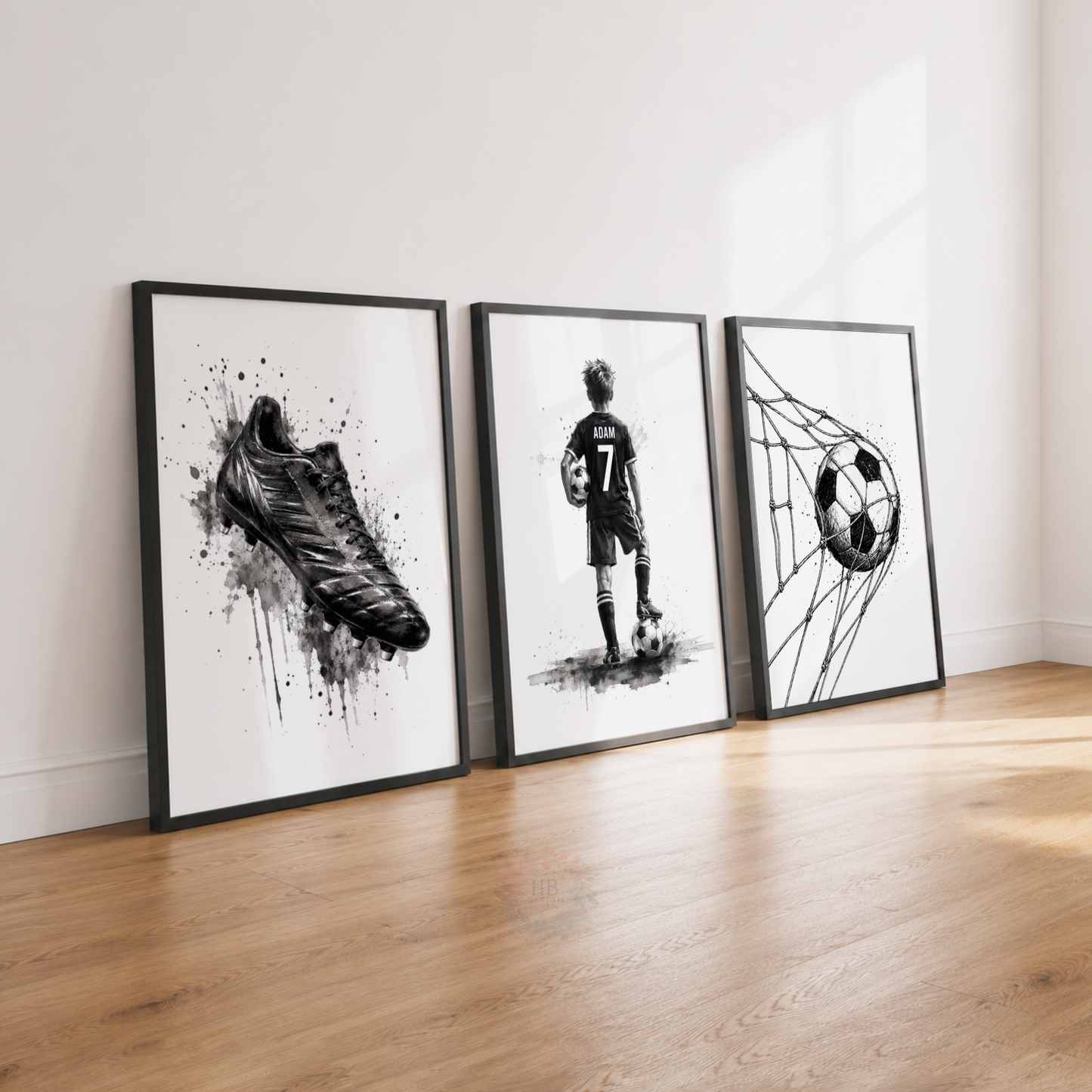Personalised Black & White Football Wall Art Set – Name & Number Prints