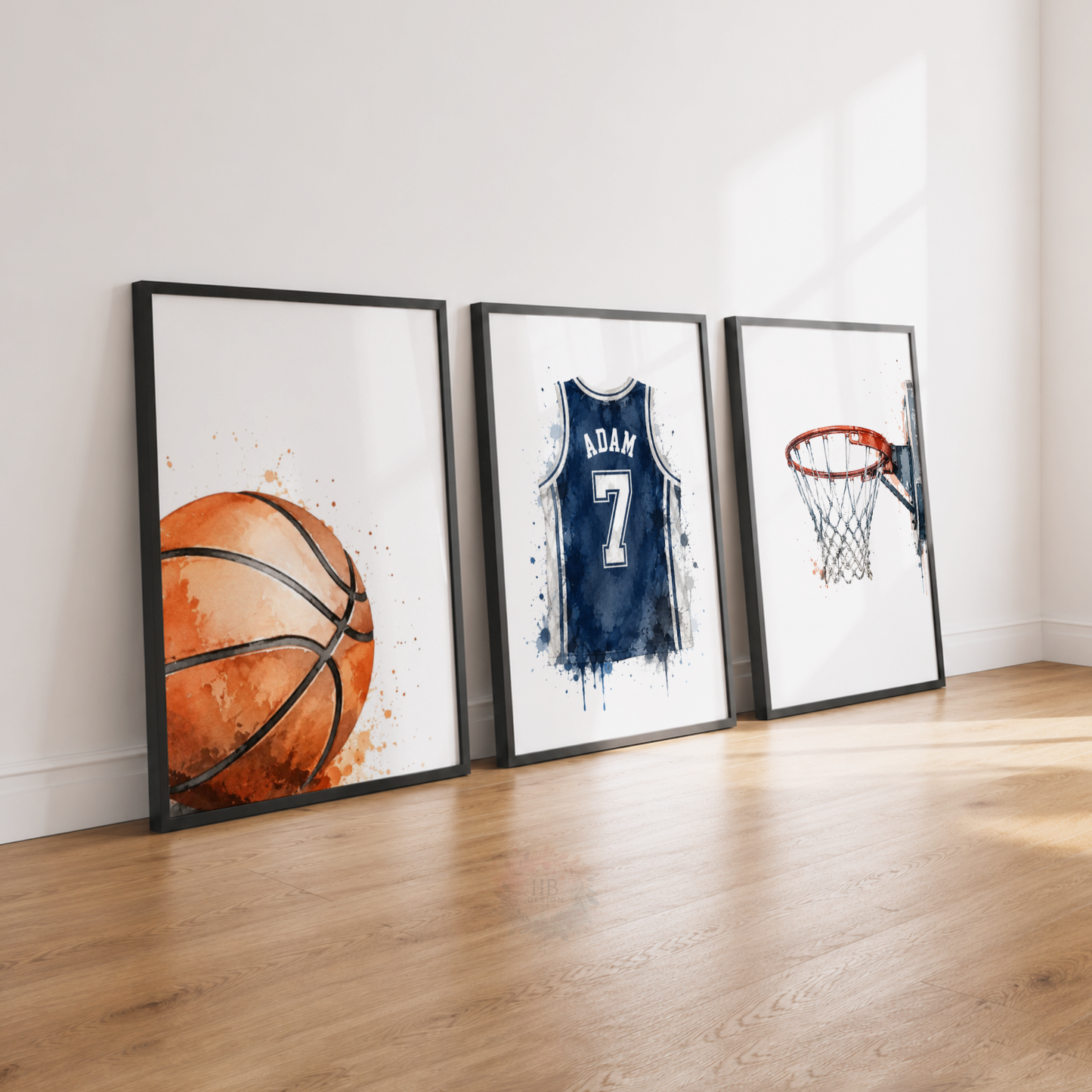 Personalised Basketball Prints – Set of 3 Watercolour Ball, Jersey & Hoop Wall Art
