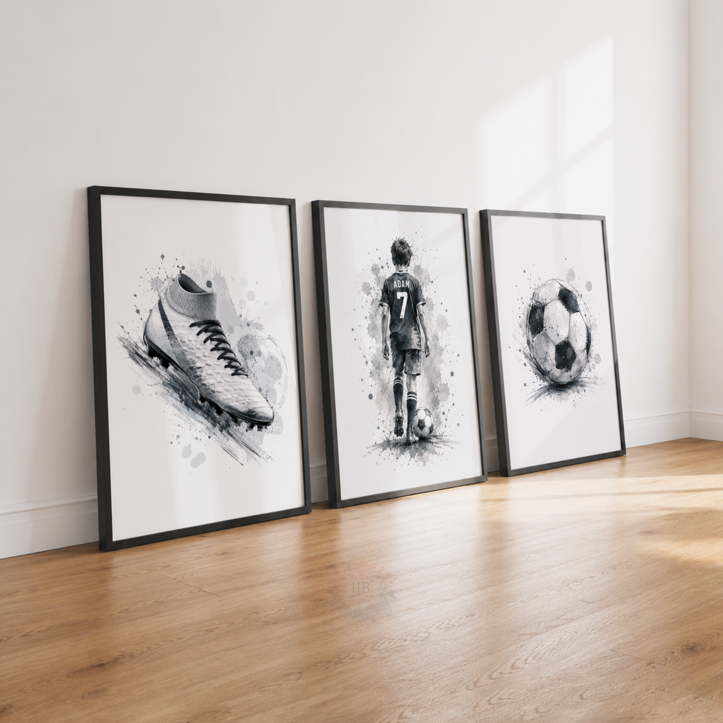 Personalised Monochrome Football Wall Art Set – Name & Number Prints