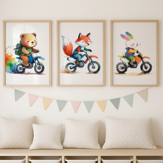Nursery Woodland Animal Bikers - Animal Motorbike Print Set of 3