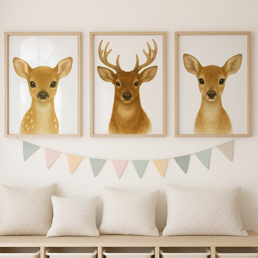 Baby Deer, Stag & Female Deer - Woodland Nursery Print Set of 3