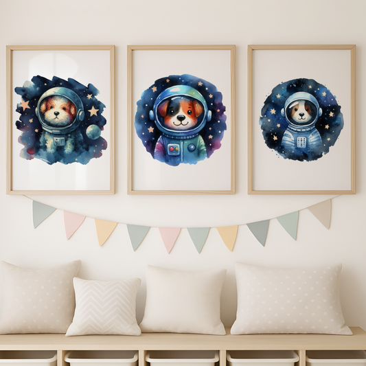 Dog Spaceman Print Set - Nursery Space Collection Set of 3