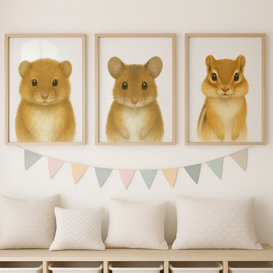 Vole, Mouse & Chipmunk - Woodland Nursery Print Set of 3