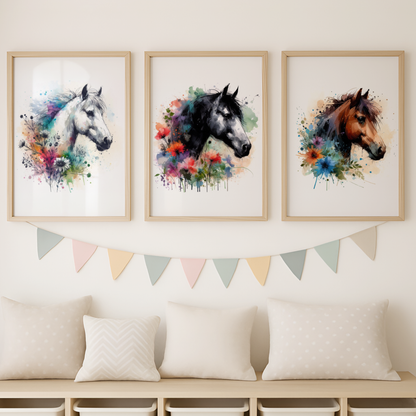 Floral Horse Portrait Print Set - Horse & Pony Collection Set of 3