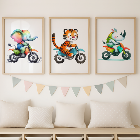 Nursery Safari Animal Bikers - Animal Motorbike Print Set of 3