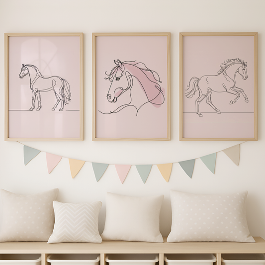 Pink Horse Line Art Print Set - Horse & Pony Collection Set of 3