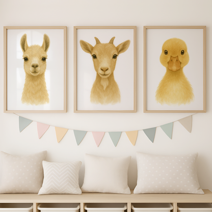 Llama, Goat & Duckling Print Set - Nursery Farmyard Animal Collection Set of 3