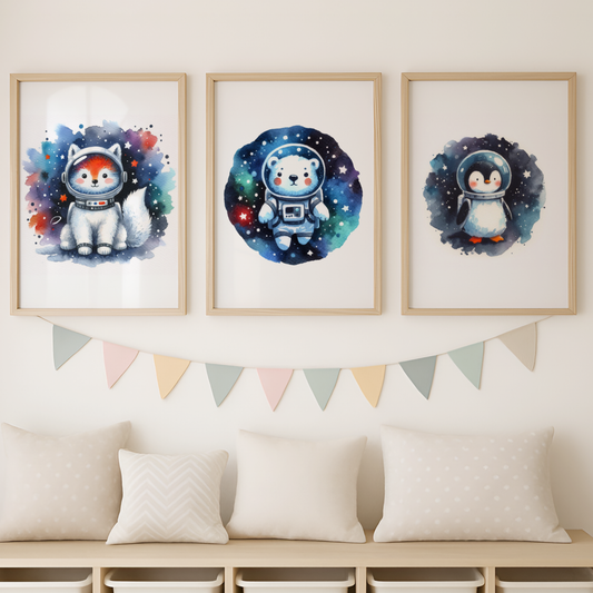 Animal Spaceman Print Set - Nursery Space Collection Set of 3