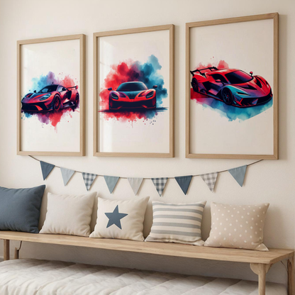 Red & Blue Supercar Print Set - Vehicle Collection Set of 3