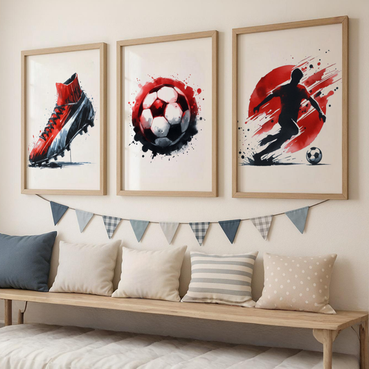 Red & Black Football Print Set - Football Collection Set of 3