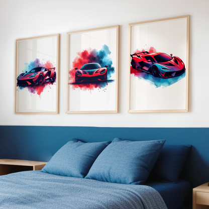 Red & Blue Supercar Print Set - Vehicle Collection Set of 3